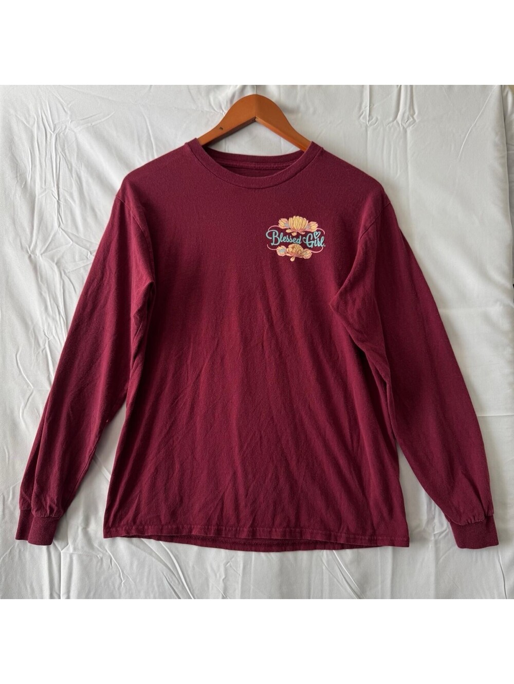 Blessed Girl Long Sleeve Tee M Burgundy Live by Faith Floral Graphic